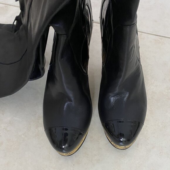 CHANEL Paris-Moscow Thigh-High Cap-Toe Black Leather Boots Size 38.5" - Picture 8 of 16